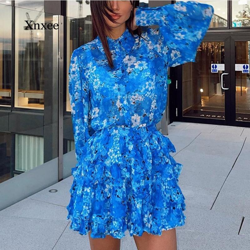 

Casual Dresses Print Skirts 2 Piece Set Autumn Ladies Long Sleeve Ruffle Blous Shirt Skirt Suit Tops Two 2023 Outfit, Blue