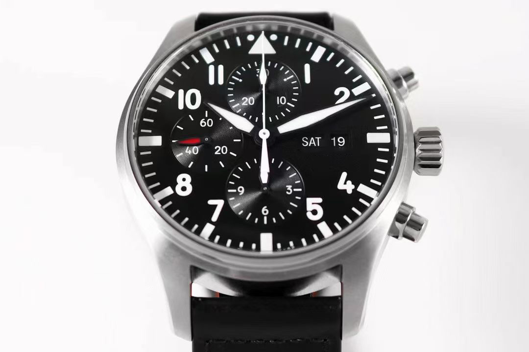

Double Calendar Pilots Watches Automatic Mechanical Mens Watch IW389401 Black Blue Dial PVD Black Steel Case Leather Strap No Chronograph orologio wristwatches, Box