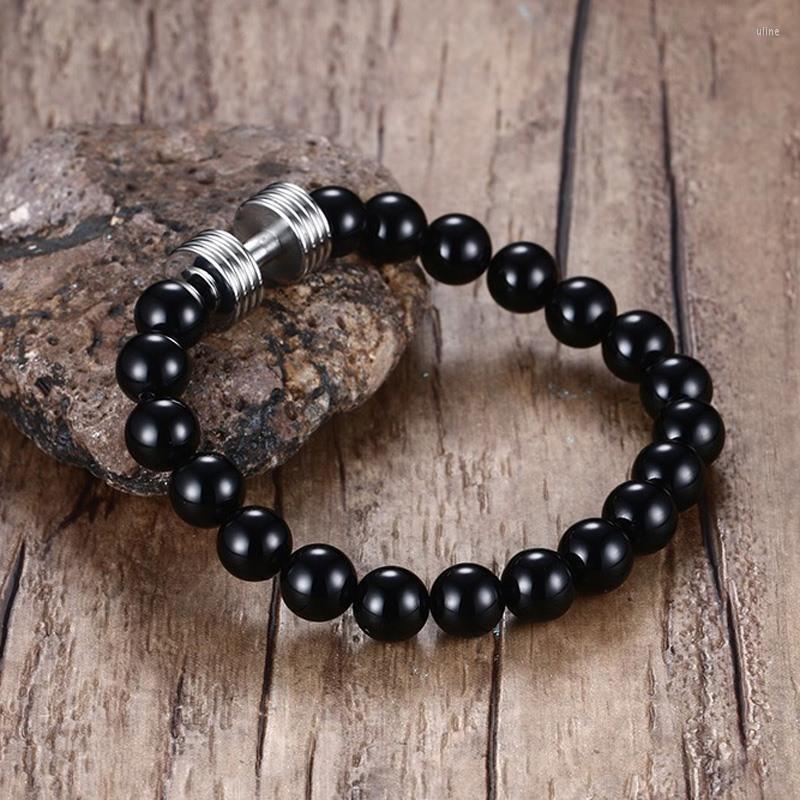 

Charm Bracelets Synthetic Black Beaded Bracelet With Stainless Steel Dumbbell