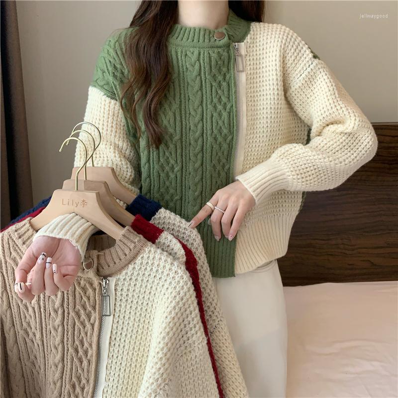 

Women's Knits DAYIFUN O Neck Sweater Cardigans Women Color Contrast Zipper Irregular Splicing Sweaters Autumn Winter Korean Short Knit Tops, Green
