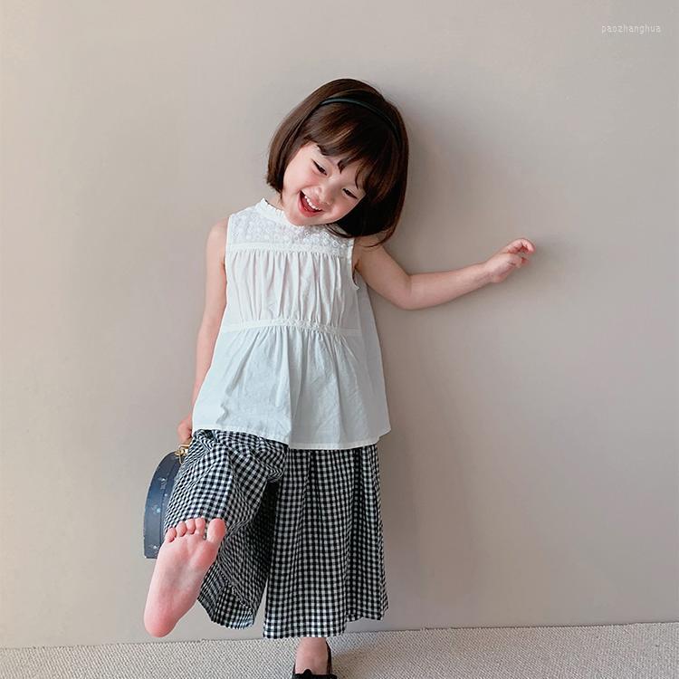 

Clothing Sets Kids Pants Shirts O-neck Collar Sleeveless Pullover Elastic Waist Ankle Length Loose Simple Summer Children Girls, Beige