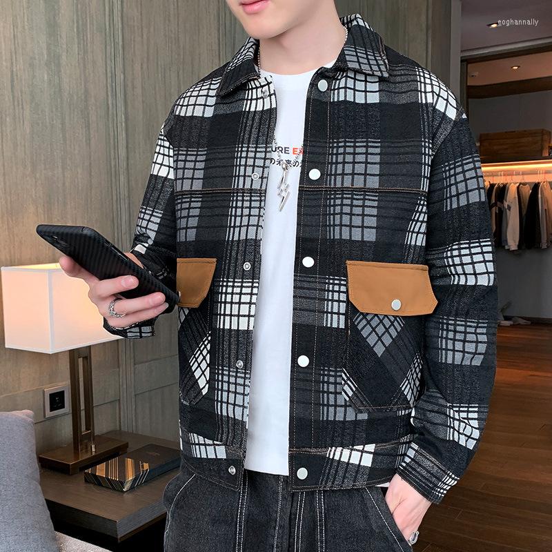 

Men's Jackets Korean Fashion Plaid Lapel Spring And Autumn Color Matching Loose Streetwear Men Single Breasted Windproof Jacket, Green grid