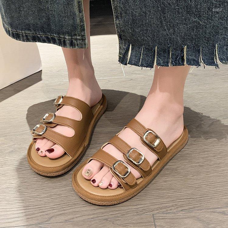 

Slippers Hollow Roman Sandals 2023 Women's Thick Soled Metal Buckle Decoration Soft Vintage Luxury Simple Fashion Beach Shoes, Beige
