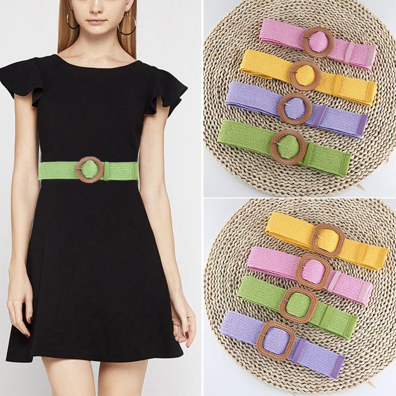 

Belts Bohemian PP Straw Wide Belt Round Square Buckle Braided Linen Weave Waist Strap DIY Casual Dress Shirt Decoration Waistband, Black