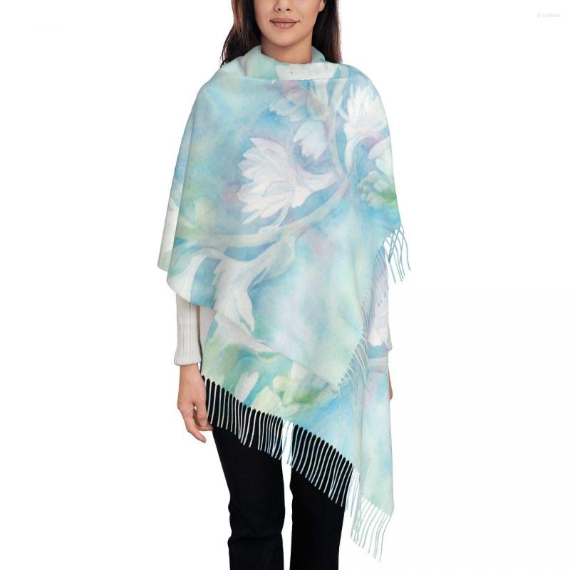

Scarves Women Scarf Tassel Head Wraps Blue Flower Painting Femme Thin Autumn Spring Winter Bandana