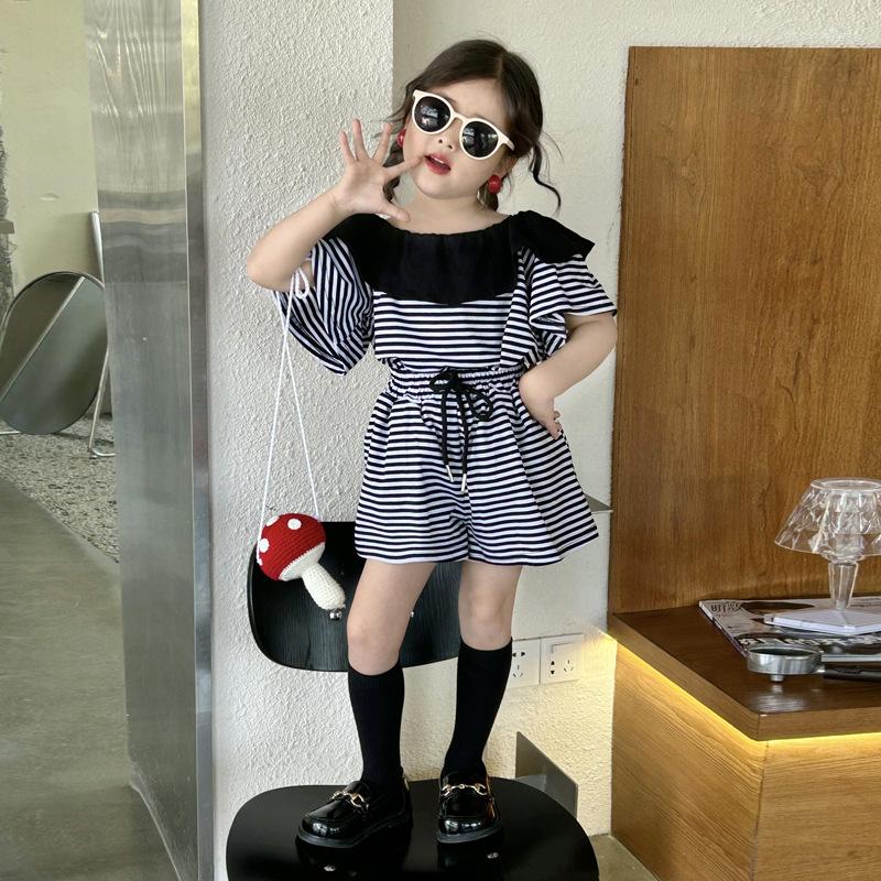 

Clothing Sets Children Set Girls Korean Style 2023 Spring Summer Simple Striped Short Sleeve T Shirt Shorts Two Piece