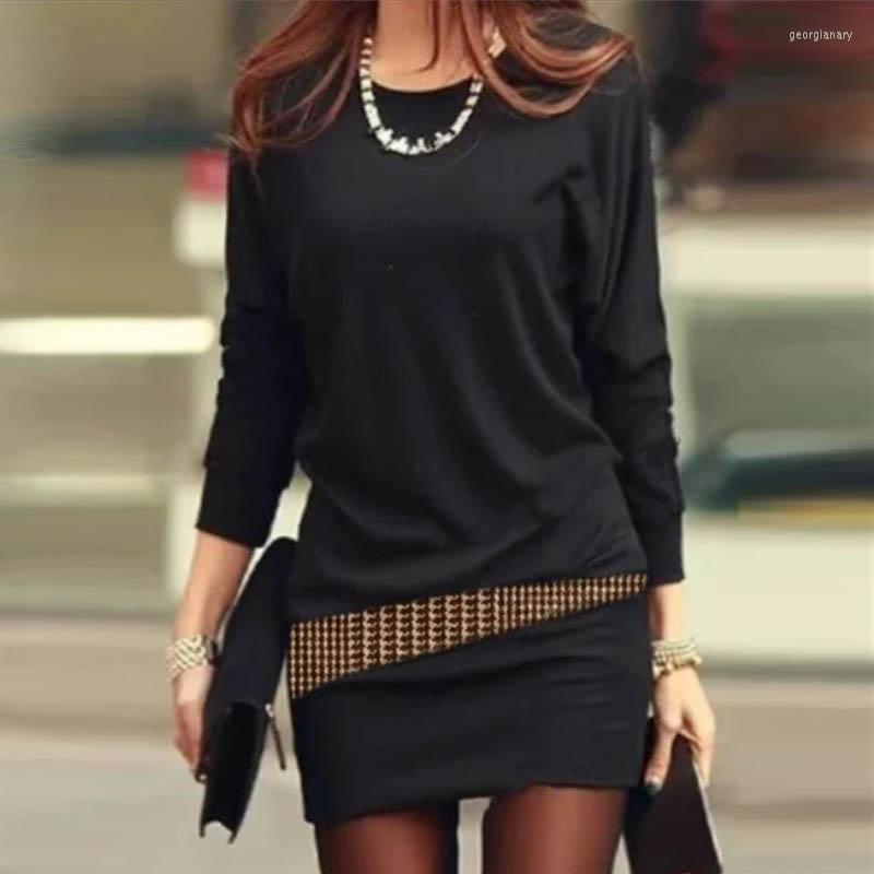 

Casual Dresses Spring Long-sleeved Women Dress Fashion O Neck Elegant Ladies Party Vintage Patchwork Loose Mini Vestido, 02 black gray