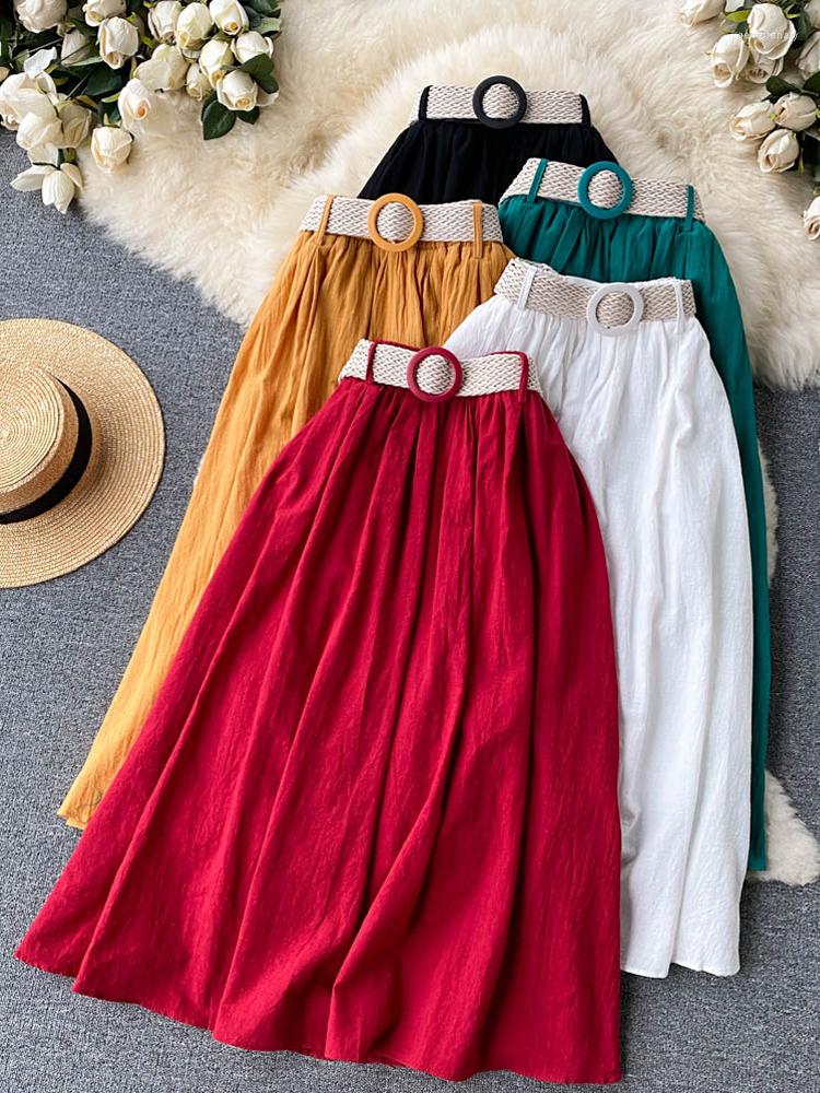 

Skirts YuooMuoo Women Casual All Match High Waist A-line With Belt Comfy Summer Ladies, Black