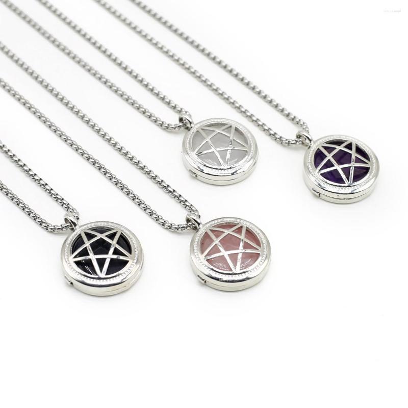 

Pendant Necklaces Natural Stone Necklace Round Shape Crystal Quartz Agate Pentagram Pattern Charms Stainless Steel Chain For Jewelry Gift