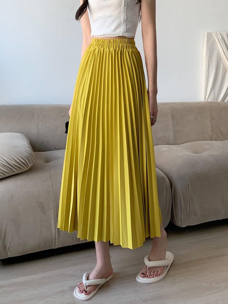 

Skirts Spring Summer Elastic Waist Women Fashion High Pleated Lady Casual Solid Color Long Skirt, Black