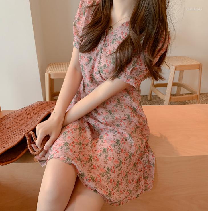 

Party Dresses Girls Elegant Summer Dress Boho Chiffon Female Print Short Sleeve Women Robe Vestido BC194, Pink