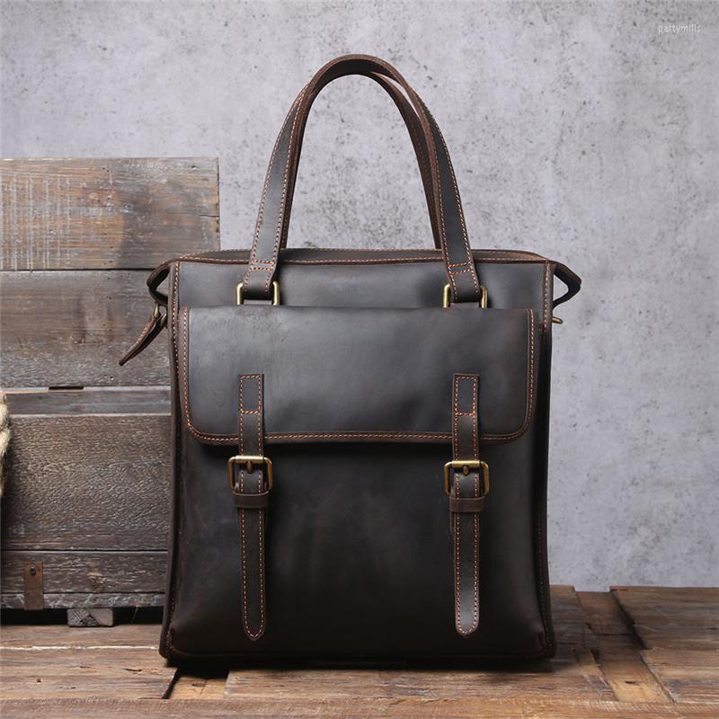 

Briefcases PNDME Vintage Men's Briefcase Outdoor Travel Work Multifunctional Handbag Designer Genuine Leather, Coffee