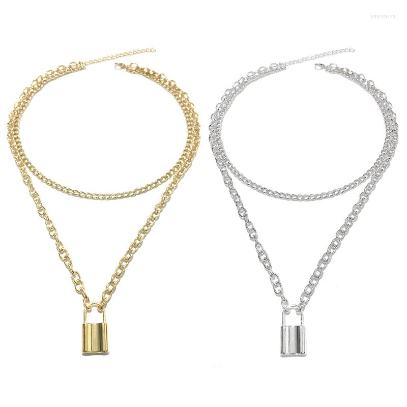 

Pendant Necklaces 90s Double Layer Chain Necklace With Lock Women/men Punk Rock Padlock Vintage Emo Grunge Goth Jewelry