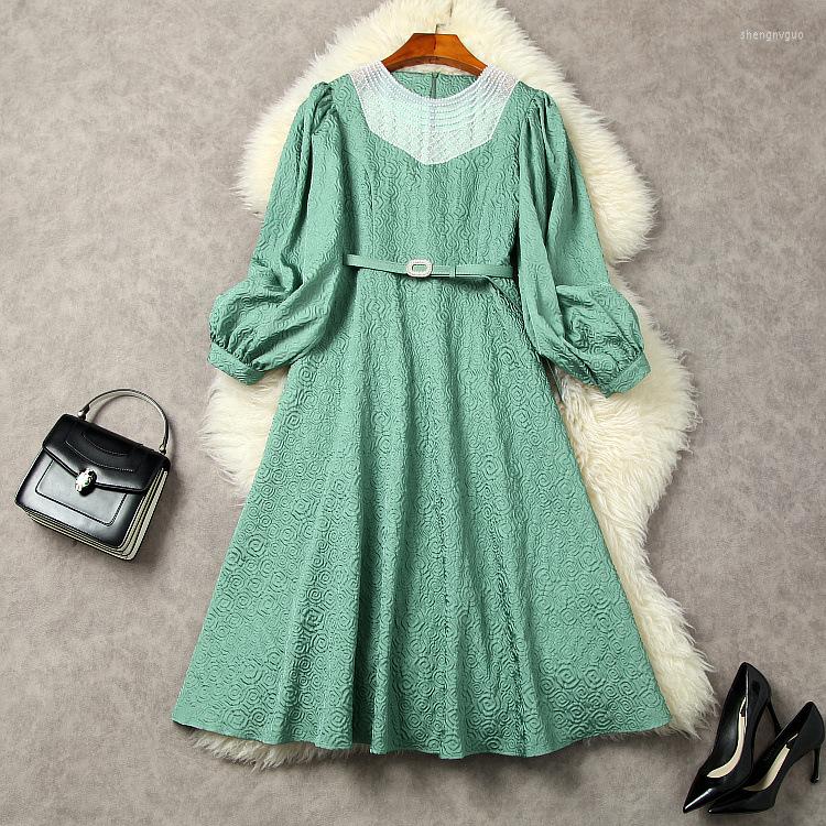 

Casual Dresses Women' Wear Autumn 2023 Styles Long Sleeve Nail Bead Stitching Jacquard Belt Fashion Pleated Dress European And American, Black