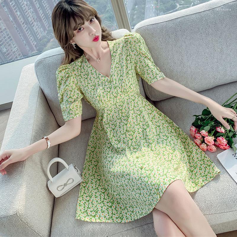 

Party Dresses French Retro Chiffon Floral Dress Summer Womens Fashion Sweet Single-Breasted Puff Sleeve Korean Casual V-Neck Waist, Green