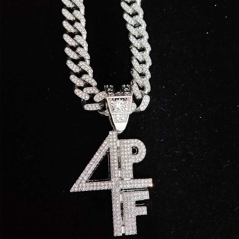 

Men Women Hip Hop 4PF Letter Pendant Necklace with 13mm Crystal Cuban Chain Iced Out Bling HipHop Necklaces Fashion Jewelry Gift