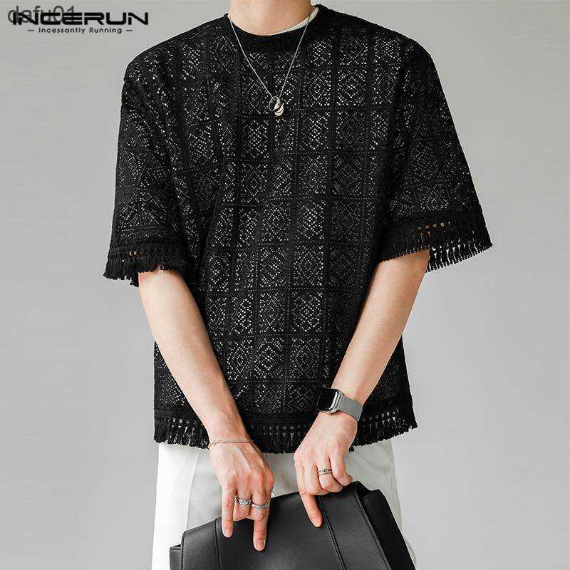 

Men' T-Shirts Men T Shirt Lace Transparent Hollow Out O-neck Half Sleeve Tassel Tops Streetwear Solid 2023 Casual Men Clothing INCERUN -5XL L230520 L230520, Black
