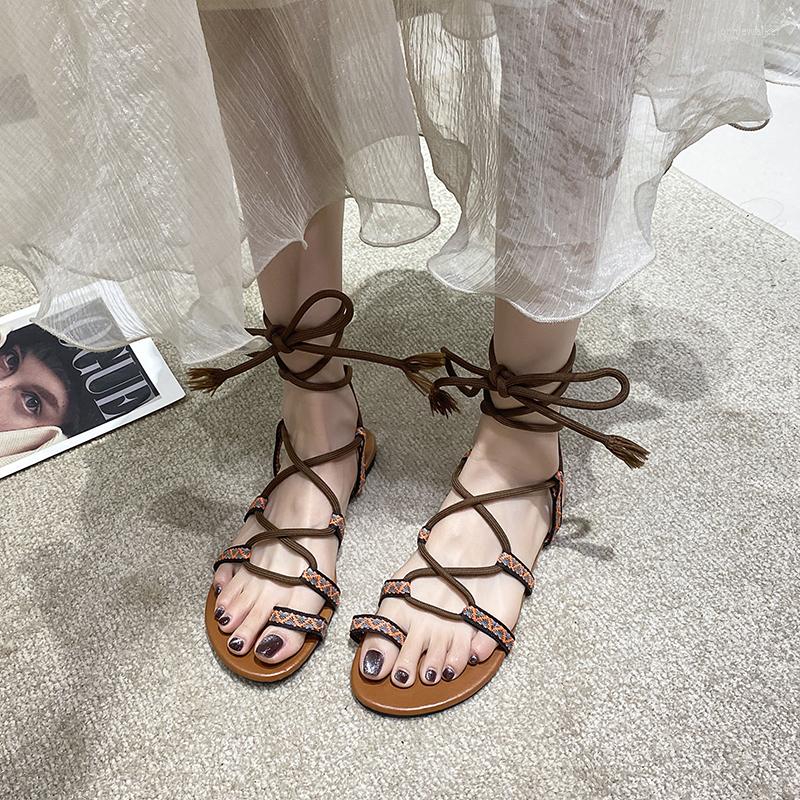 

Sandals Women's Large Size Roman Style Lace-up Creativity Fashion Flats Summer Beach Shoes Cross-tied Women, Black