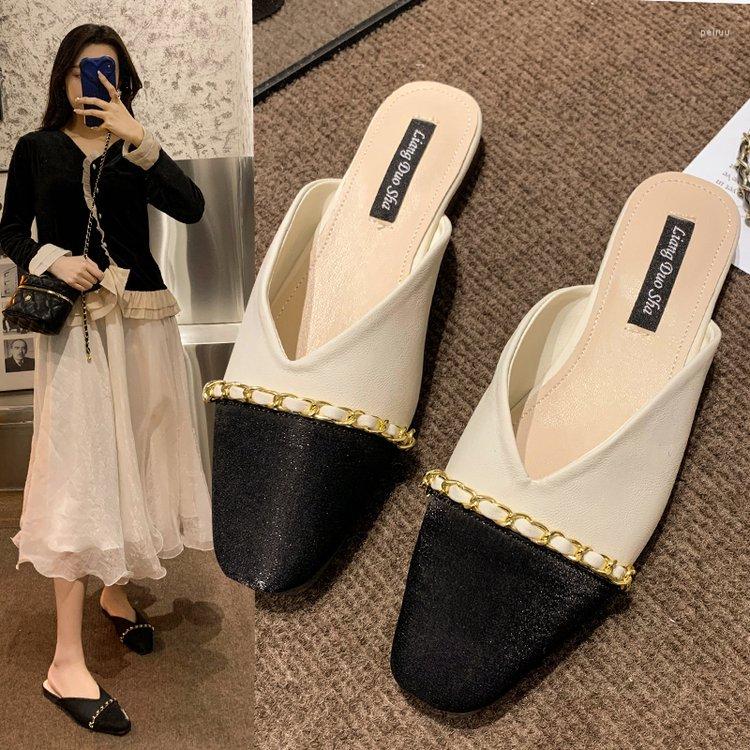 

Slippers 2023 Casual Women Flats Pointed Toe Black White Metal Chain Shallow Slip On Mules Shoes Flat Heels Summer, Beige