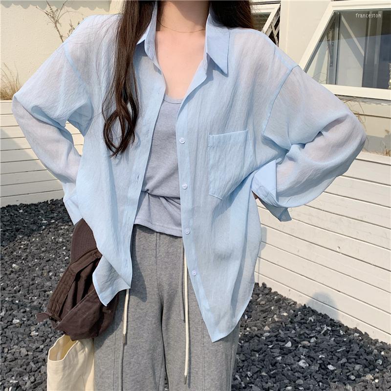 

Women's Blouses Women Shirt Long Sleeved Chiffon Sun Protection Jacket Women's Summer Thin Loose High-end Ice Silk Top Two-piece Set, Blue shirt