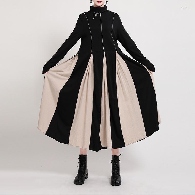 

Casual Dresses 2023 Women Black White Contrast Color Long Dress Turtleneck Sleeve Loose Fit Japan Style Fashion Y2K Tide Autumn Winter