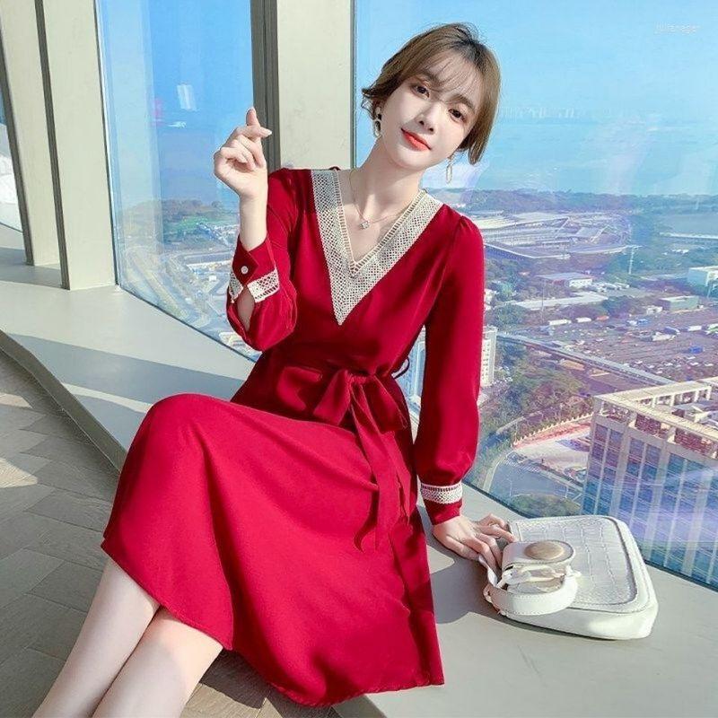 

Casual Dresses Women's Dress Red Shirt Sleeve Chiffon Autumn 2023 Fashion Lace-up Holiday Style Waistband Show Thin A-line Gown, Black