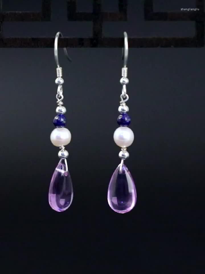 

Dangle Earrings Handmade Diy Water Drop Amethyst Female S925 Sterling Silver Fashion Costume Literary Freshwater Pearl