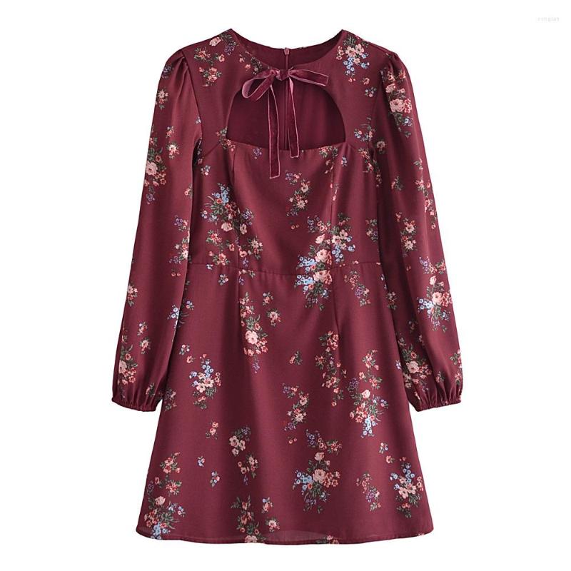 

Casual Dresses Women' Floral Print Dress Sexy Hollowed Out Lace Up Bow Long-sleeved, Dd-7270