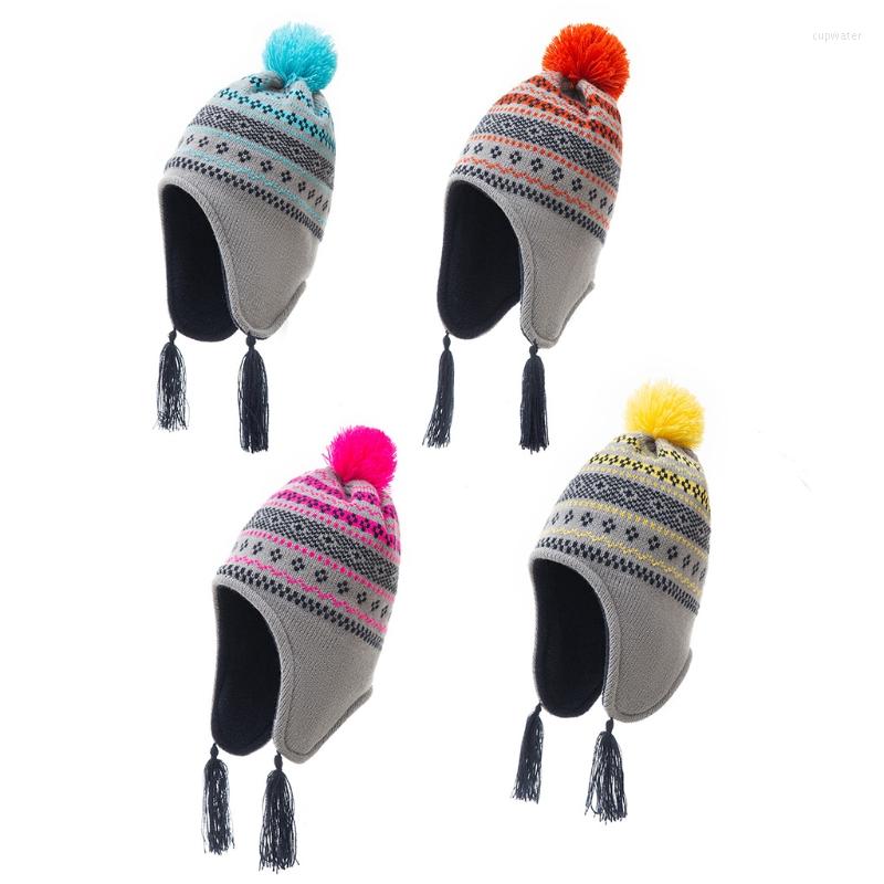 

Berets 2XPC Kids Baby Winter Plush Lining Earflap Cap Geometric Stripes Knitted Cute Pompom Tassels Thick Warm Skiing Beanie Hat, Blue