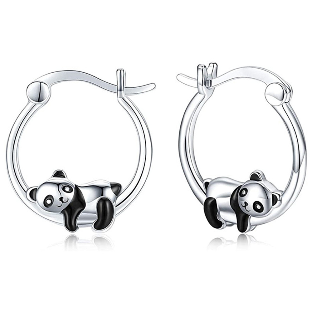 

2022 New Black Panda Hoop Earrings for Women Cute Girls Circle Earrings Silver Color Fashion Versatile Ear Jewelry Gifts