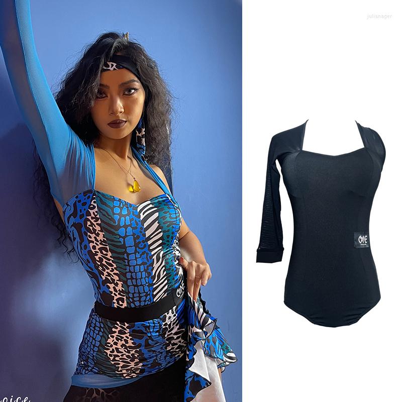 

Stage Wear Adult Women Sexy Backless Latin Dance Tops Single Sleeve Rumba ChaCha Costume Printing Samba Practice Dancewear YS3653, Black skirt