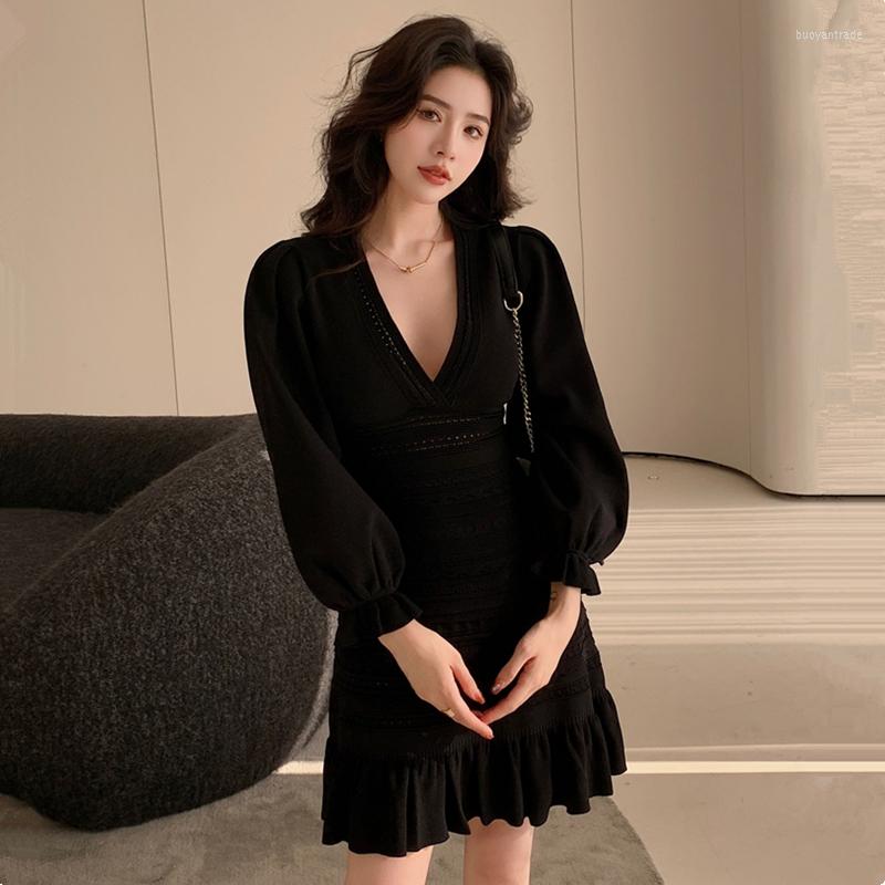 

Casual Dresses Black Deep V-Neck A-Line Hollowed Sexy Knitted Women's Dress Long Sleeve Bodycon 2023 Spring Elegant Evening Party