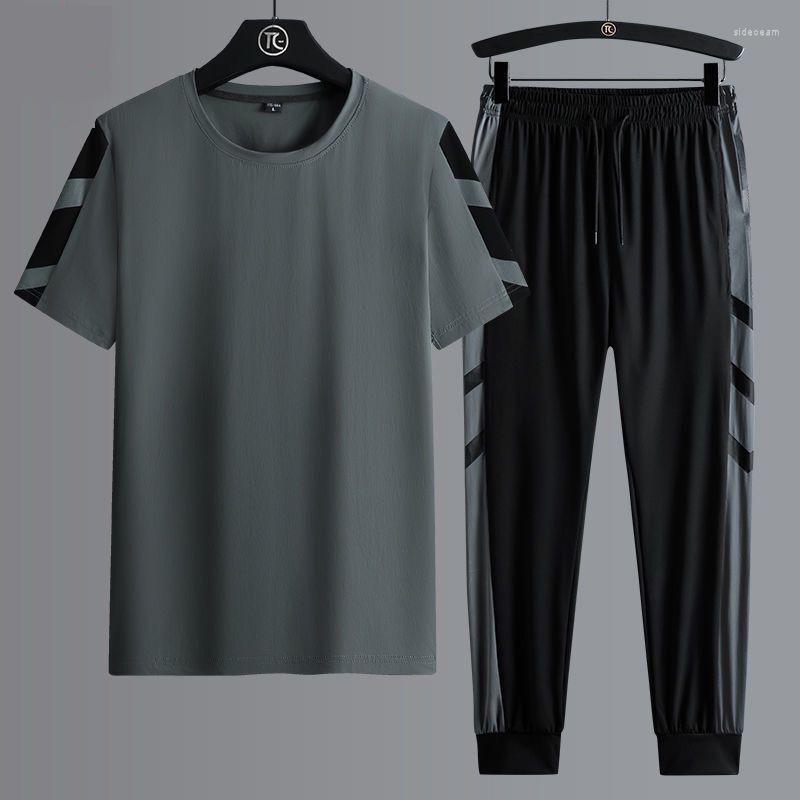 

Men's Tracksuits Ice Silk Sports Set Men's Summer 2023 Short Sleeve T-shirt Pants Suit Loose Breathable Two Piece High Quality, Black