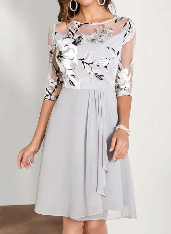 

Party Dresses Summer Casual Woman Dress Grey Floral A-LINE O-Neck Three Quarter Sleeve Knee-Length Irregular Hem Elegant, Style1