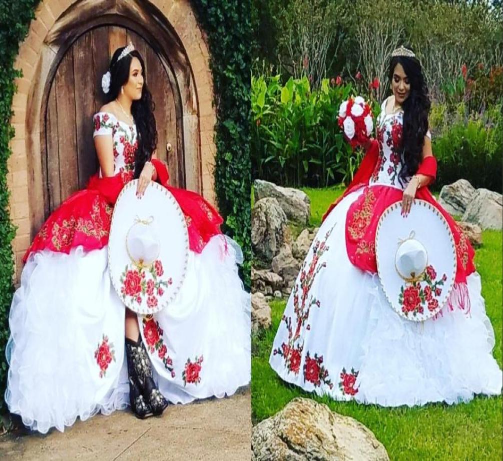 

Modest Red and White Plus size Charro Quinceanera Prom Formal Dress 2022 Mexican Off Shoulders Ruffled Patterned Ruffles Satin Org1504984, Light sky blue