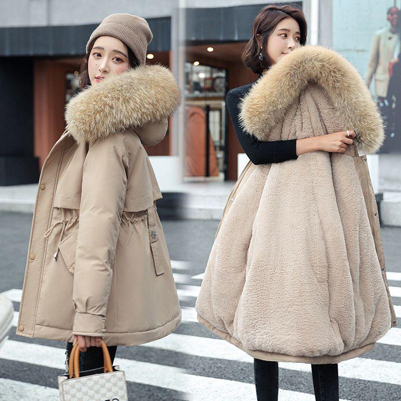 

Women's Down 2023 Women Big Fur Collar Zipper Hooded Cotton Jacket Winter Thick Warm Long Straight Parka Coat Female Casual Loose Outwear, Khaki
