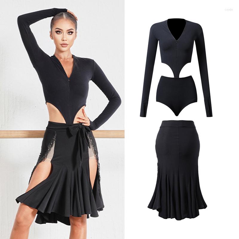 

Stage Wear Latin Dance Competition Costume Women Long Sleeves Tops Fringed Skirt Black Suit Rumba Samba Dancing Dress Sexy Prom