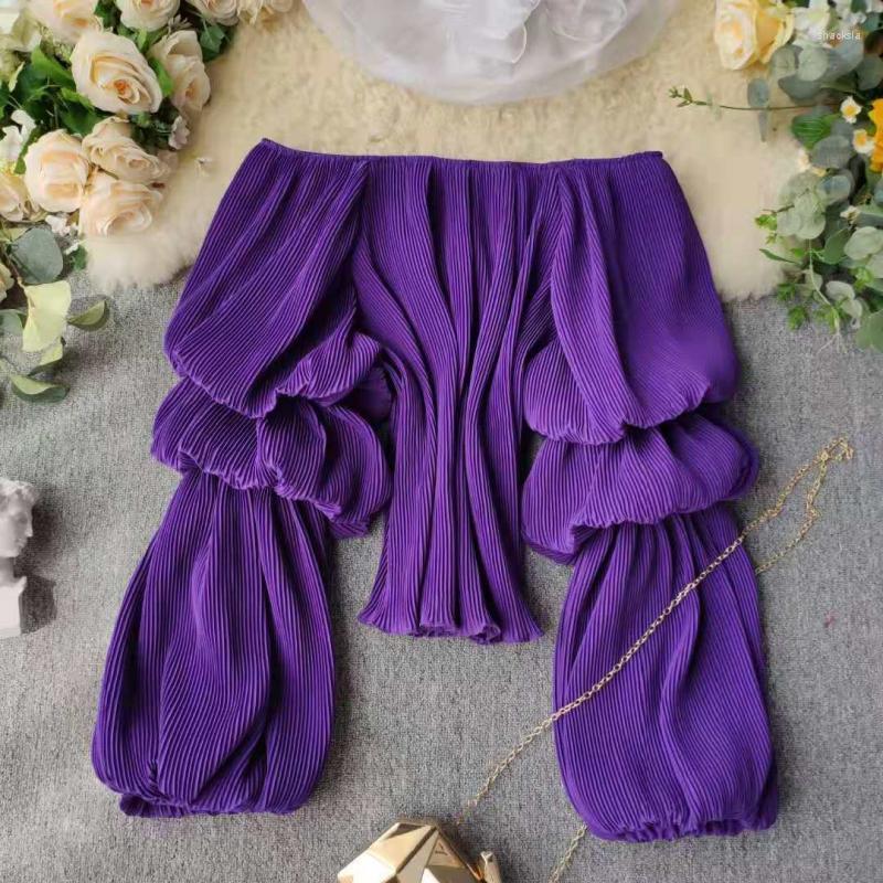 

Women's Blouses Women's Slash Neck Tops Cyber Celebrity Spring Summer Design Pleated Lantern Sleeves Chiffon Short Shirt Tide, Picture color