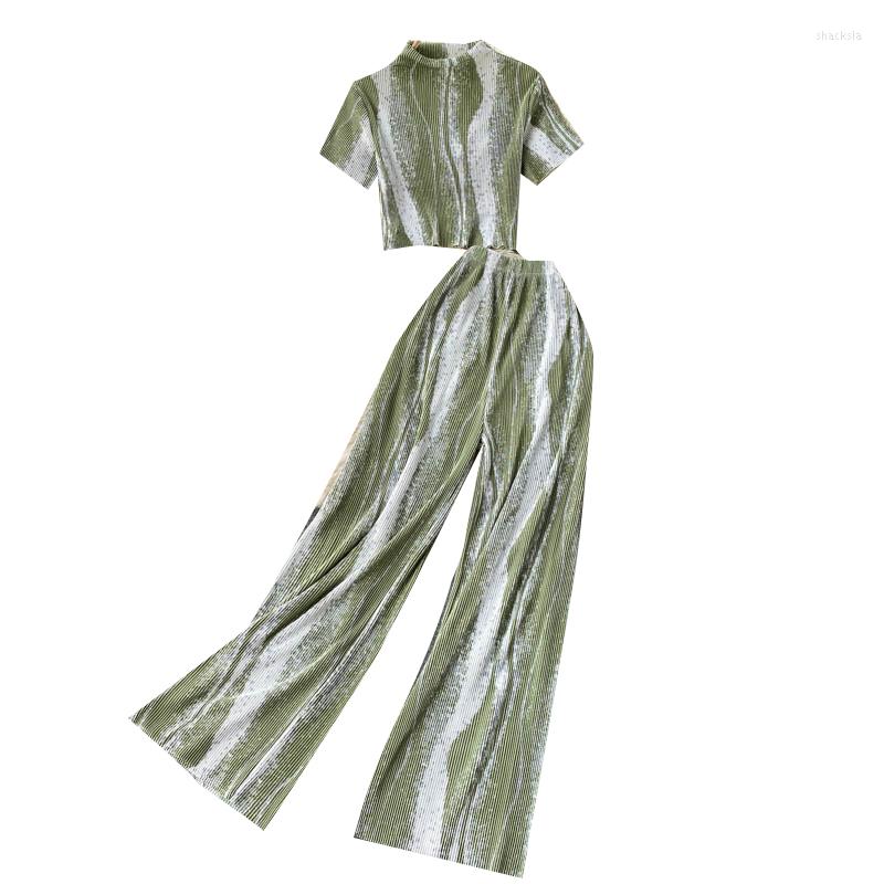 

Women's Two Piece Pants Spring Summer Women Sets Fashion Ripple Color-blocked Pleated Short Top And High Waist Wide Leg Long Set, Black