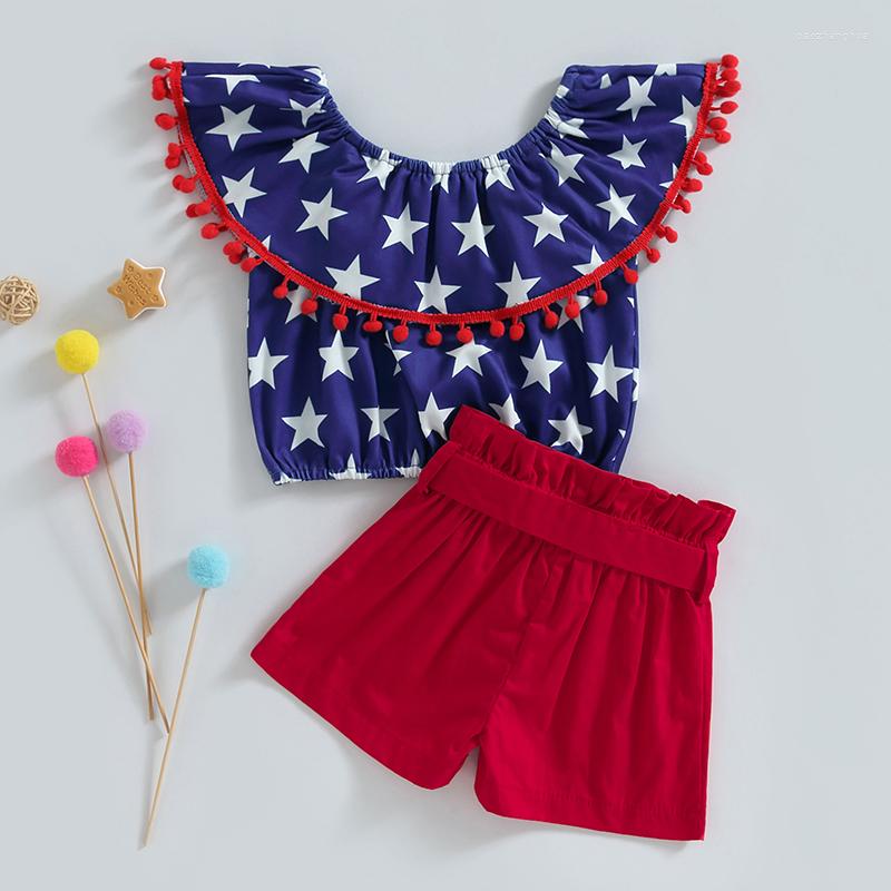 

Clothing Sets Independence Day Kids Girls Clothes Suits Stars Print Bobbles Boat Neck Ruffles Tops Red Shorts With Belt 2Pcs Set, Picture shown