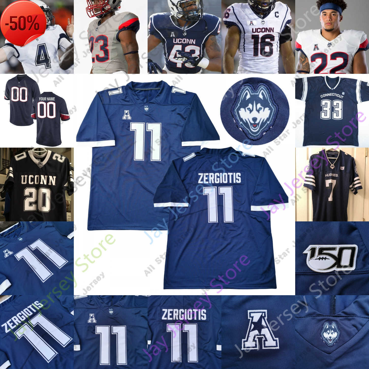 

Football Jerseys Football Jerseys UConn Huskies Connecticut Football Jersey NCAA College Jack Zergiotis Steven Krajewski Kevin Mensah Cameron Ross Lwal Uguak, Grey