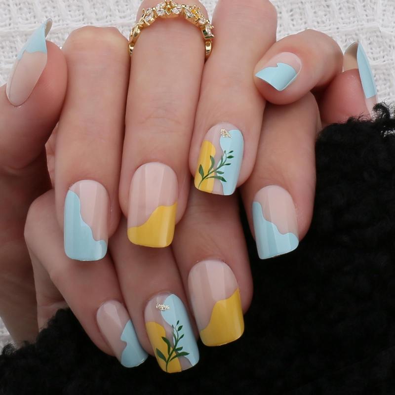 

False Nails Baby Blue French Square Press On UV Glossy Nude Medium Natural Acrylic Yellow Summer Swirl Art, 207o-602g