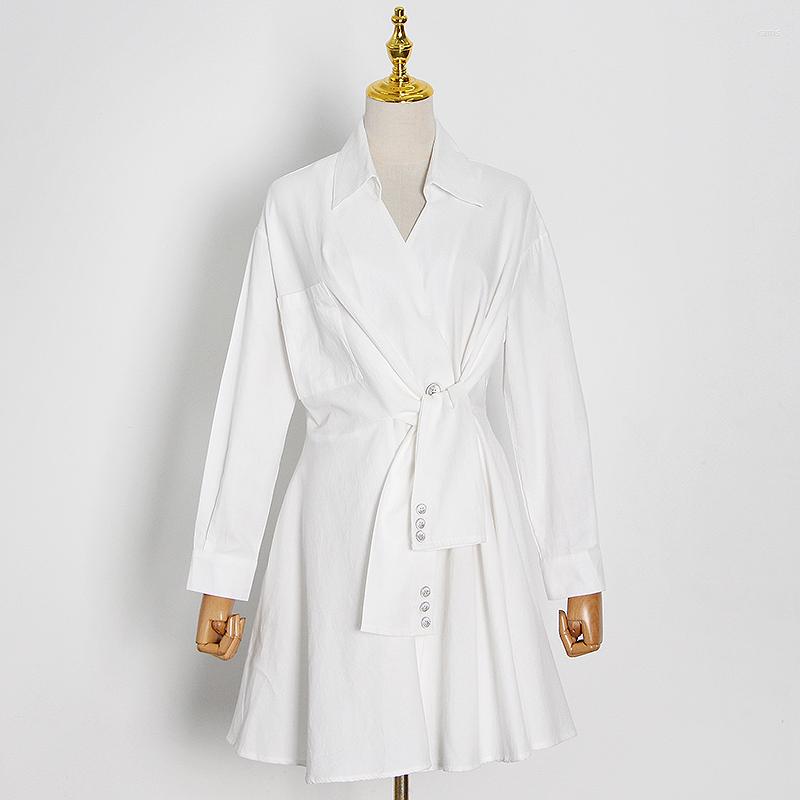 

Casual Dresses White Mini For Women Lapel Long Sleeve Lace Up Female Fashion Elegant Ruched Dress Clothing Tide