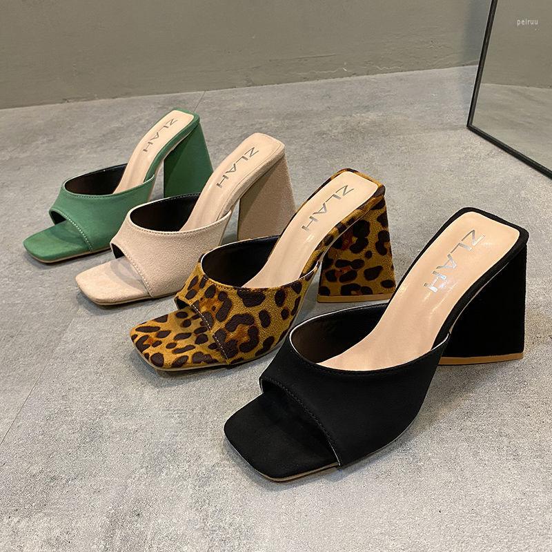 

Slippers Sexy Women High Heels Leopard Mules 2023 Open Toes Ladies Chunky Fish Mouth Sandals For Party Plus Size 35-43, Black
