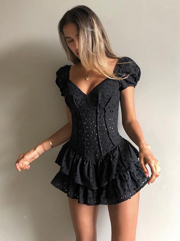 

Casual Dresses Tasteful Fashion Vintage V-Neck Ruffles Pleated Dress Women Puff Sleeve Chic Black Summer Party Hollow Out Corset Ladies 2023, Black dress