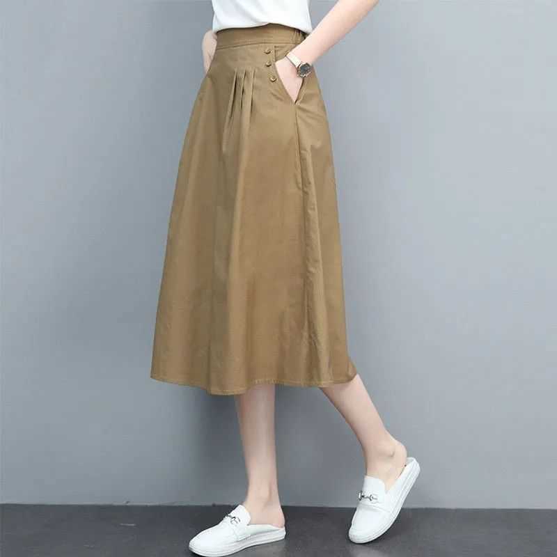 

Literature and Art Cotton Half Skirt for Women 2023 New Thin Mid length Elastic High Waist Slim and Versatile Loose A-line Skirt, Khaki placket buckle