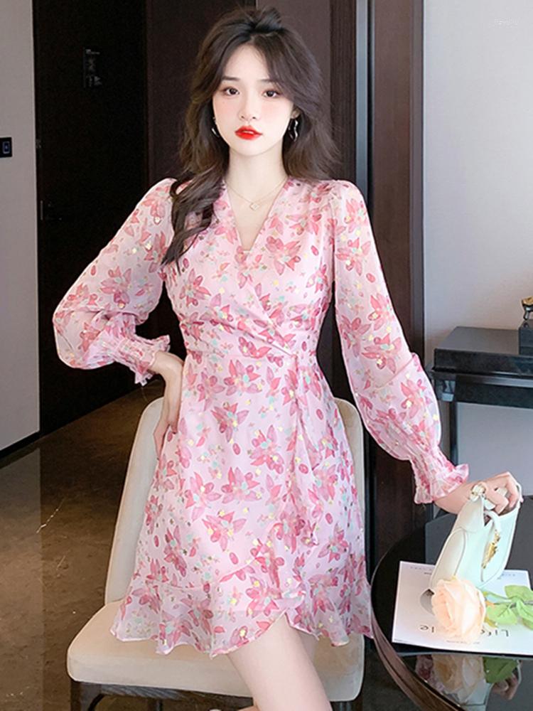 

Casual Dresses Sexy Party Dress Pink Print Ruffle Puff Sleeve V-neck A-Line Fishtail Fall 2023 Fashion Slim Bodycon Nightclub