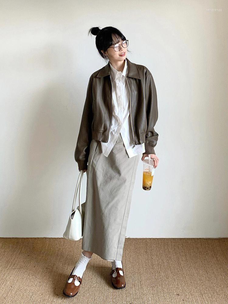 

Women' Leather Spring Autumn Loose Casual Short Brown Soft Light Faux Bomber Jacket Women Zipper Long Sleeve Korean Fashion