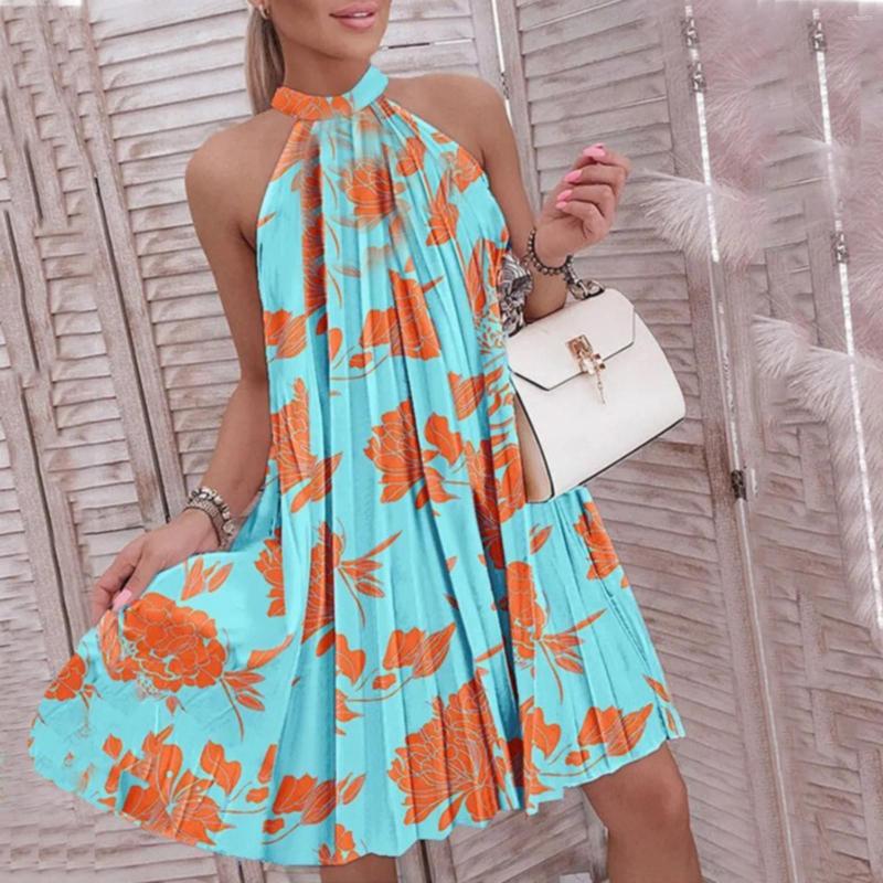 

Casual Dresses 2023 Boho Summer For Women Floral Print Sleeveless Pleated Dress Y2k Off Shoulder Halter Vestido Mujer Mini, Bk2-c