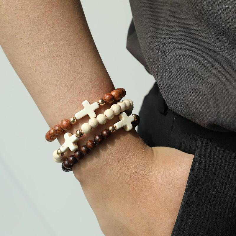 

Strand Men Natural Wood Beads Cross Bracelets Elastic Black/brown Wooden Chain Bracelet Church Religious Car Hangings Jewelry